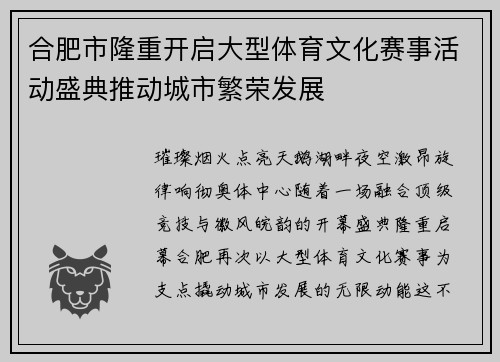 合肥市隆重开启大型体育文化赛事活动盛典推动城市繁荣发展